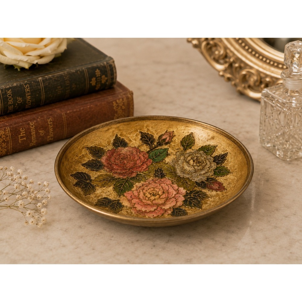 Vintage Cloisonne Brass Pedestal Bowl Floral Enamel Trinket Dish India‎ Decor